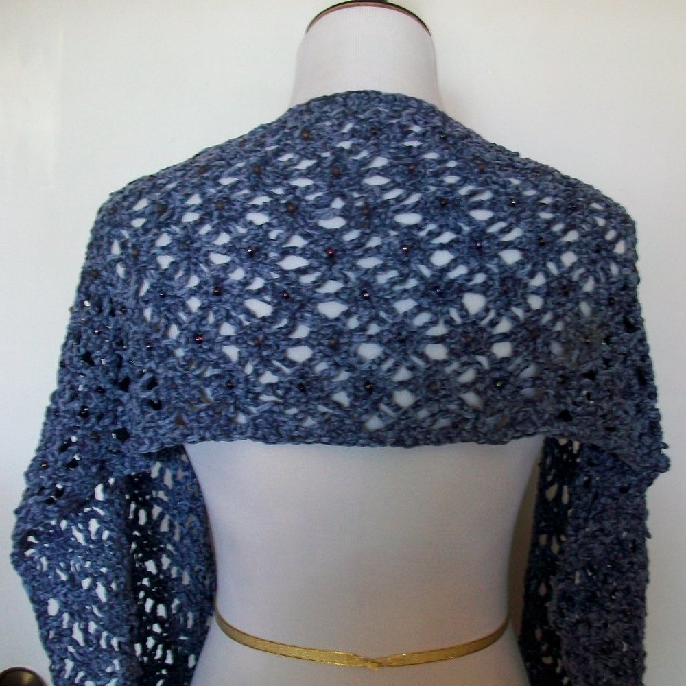 Handmade Crochet Soft Blue Chenille Beaded Lacy Shawl Wrap